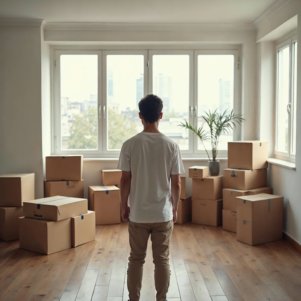 attachment; filename=Eine Person in einem leeren Apartment von Umzugskartons umgeben, die über die Entscheidung nachdenkt, eine Wohnung zu mieten oder zu kaufen.