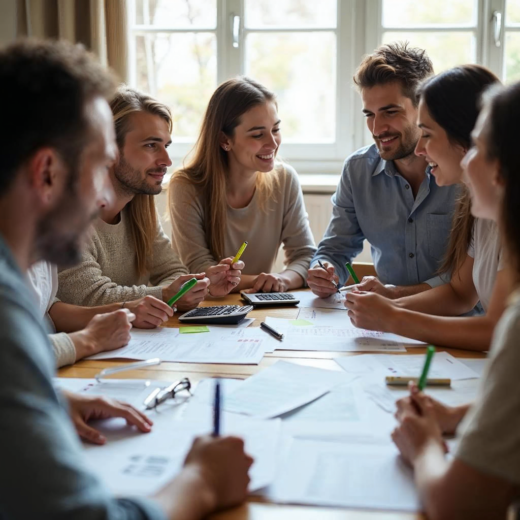 attachment; filename=Ein Bild einer Familie, die am Esstisch Finanzen diskutiert, umgeben von Dokumenten und Taschenrechnern, was die umfassenden finanziellen Überlegungen beim Kauf einer Immobilie widerspiegelt.