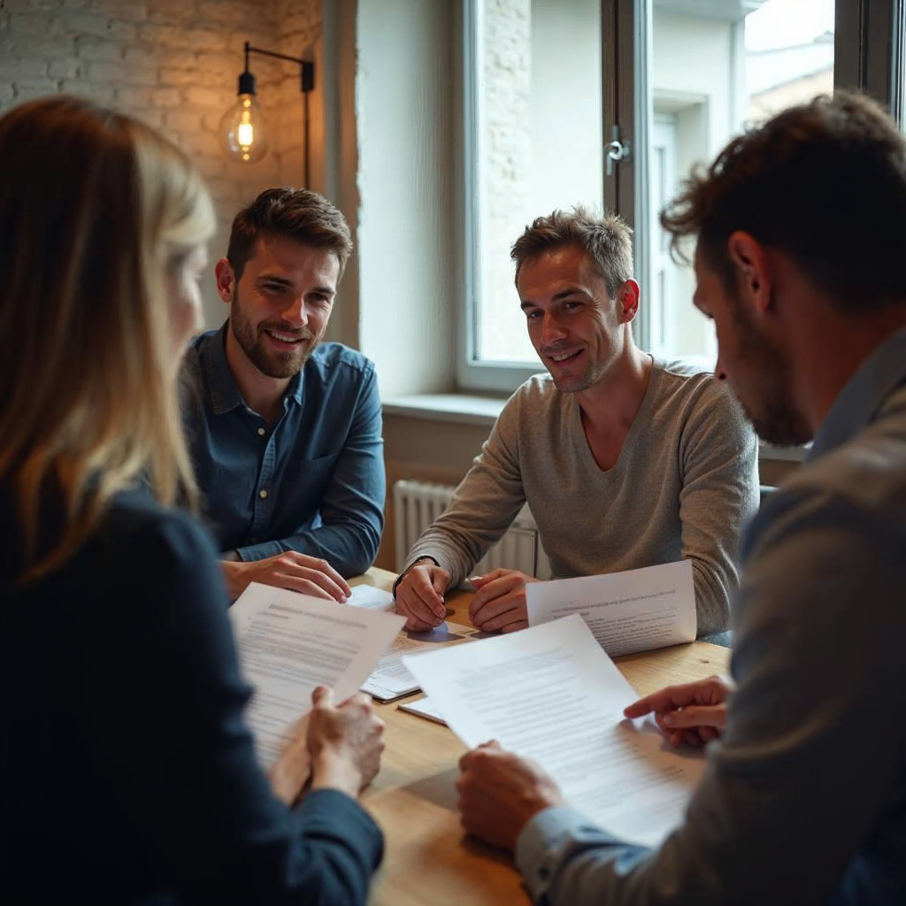 attachment; filename=Ein filmisches Bild, das eine Gruppe von Personen zeigt, die gemeinsam Finanzdokumente für einen Mietvertrag in Deutschland überprüfen.