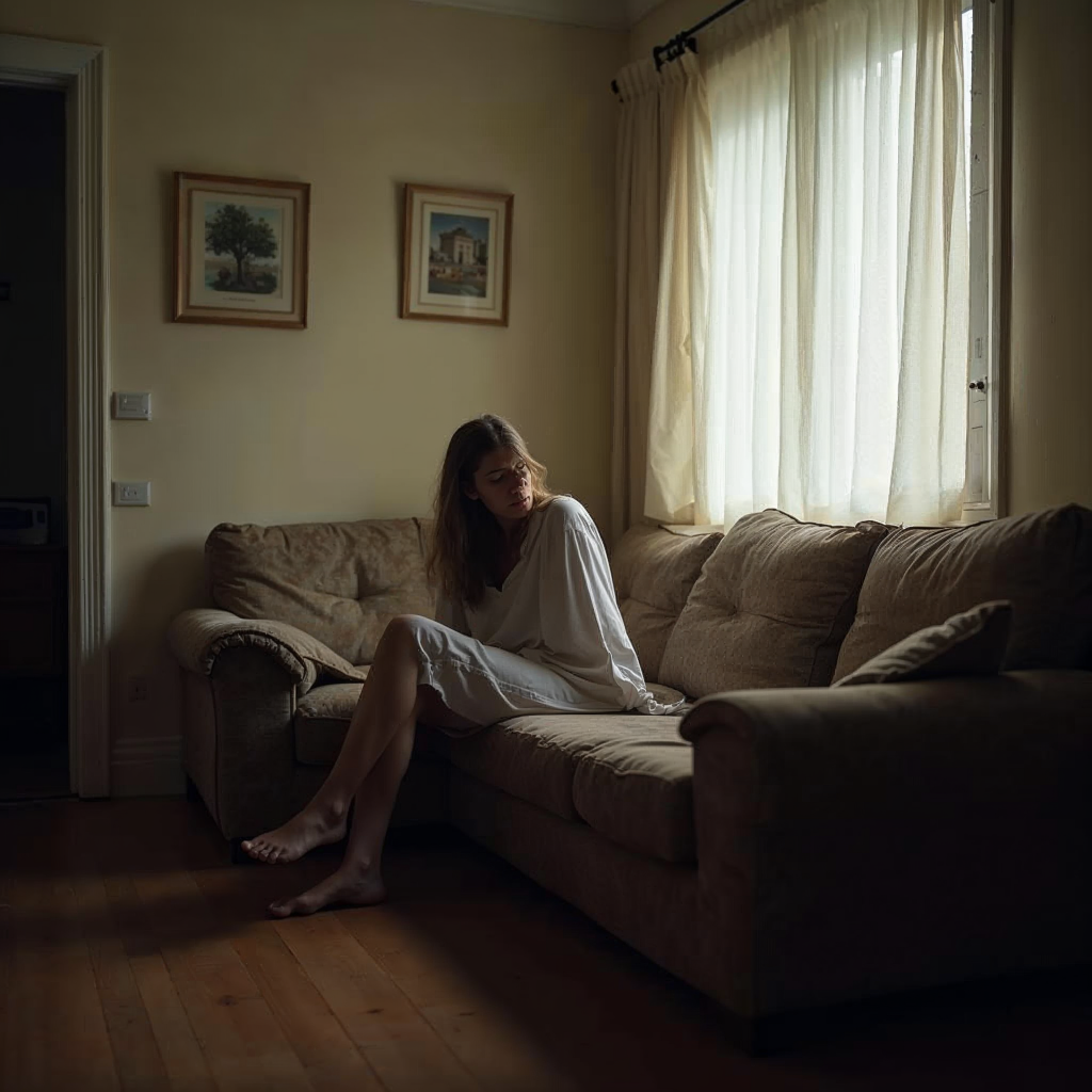 attachment; filename=Eine Person sitzt auf einem etwas abgenutzten Sofa in einer möblierten Wohnung und wirkt nachdenklich.