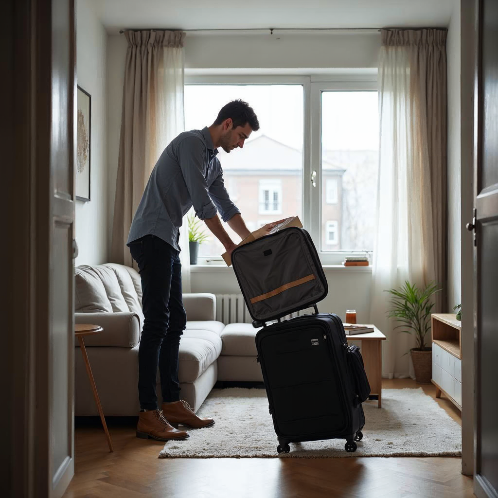 attachment; filename=Ein junger Berufstätiger packt einen Koffer in einer modern und stilvoll eingerichteten Wohnung in Berlin aus.