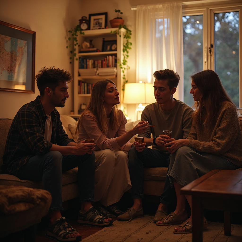 attachment; filename=Junge Erwachsene diskutieren potenzielle Mitbewohner im gemütlichen Wohnzimmer