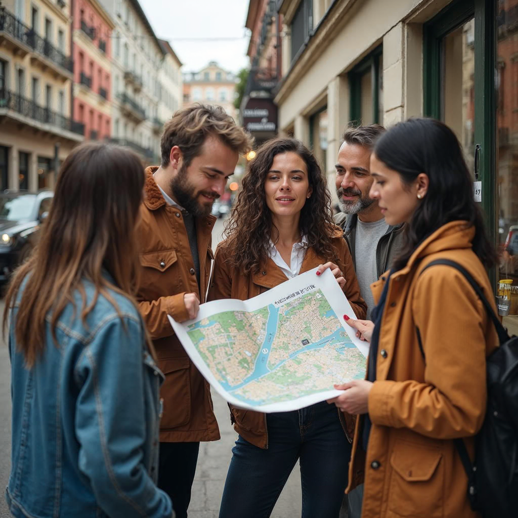 attachment; filename=Eine vielfältige Gruppe von Freunden betrachtet eine Karte und diskutiert verschiedene Vierteloptionen