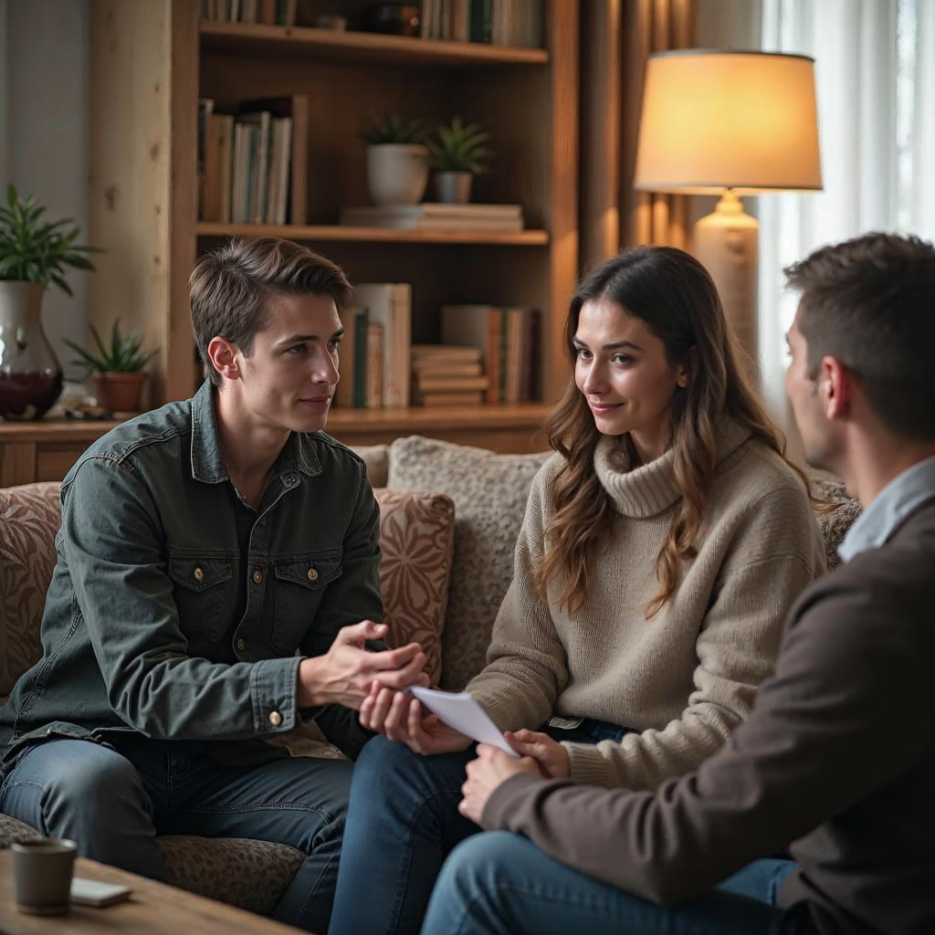 attachment; filename=Ein junges Paar diskutiert mit einem privaten Vermieter die Mietbedingungen in gemütlicher Wohnzimmeratmosphäre und betont Transparenz und Ehrlichkeit im Mietprozess ohne SCHUFA