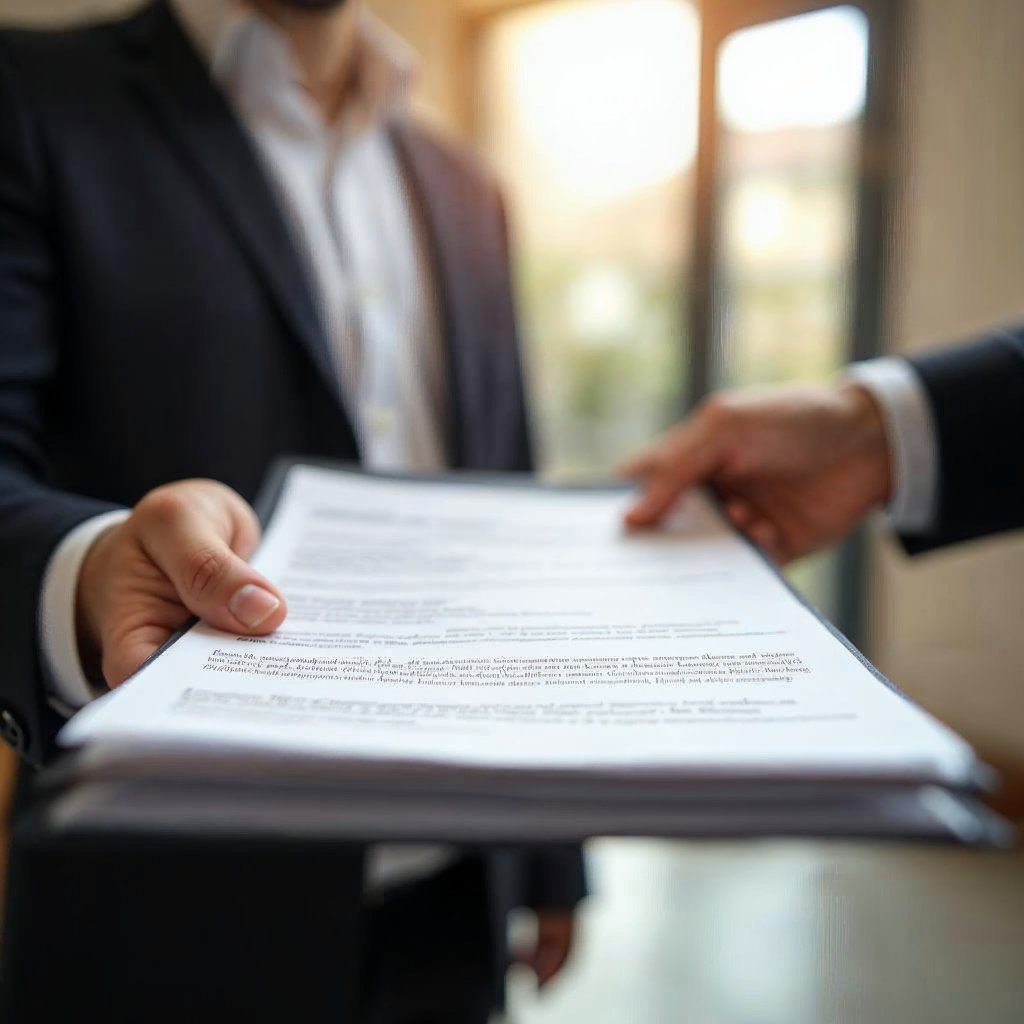 attachment; filename=Eine Nahaufnahme einer Hand, die ein unterschriebenes Dokument an eine andere Hand übergibt, was die offizielle Bestätigung des Wohnsitzes durch den Vermieter für den neuen Mieter repräsentiert.