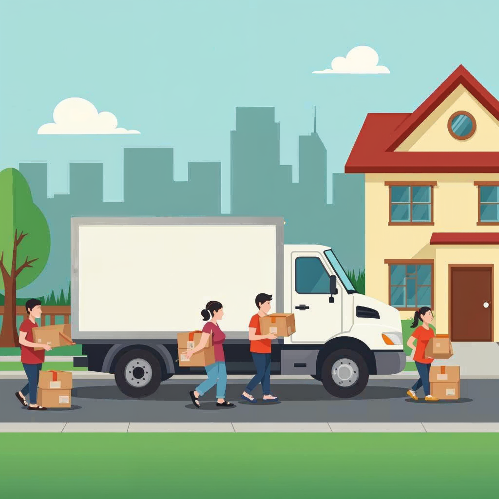 attachment; filename=Ein Umzugswagen parkt vor einem Wohngebäude, während Menschen Umzugskartons tragen, was den Prozess des Umzugs in ein neues Zuhause symbolisiert.