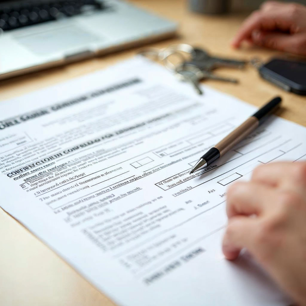 attachment; filename=Eine Luftaufnahme eines Schreibtisches mit einem Stift, Papierkram und Schlüsseln, die den Prozess des Ausfüllens und Unterzeichnens des Wohnsitzbestätigungsformulars vor dem Einzug in eine neue Wohnung zeigt.