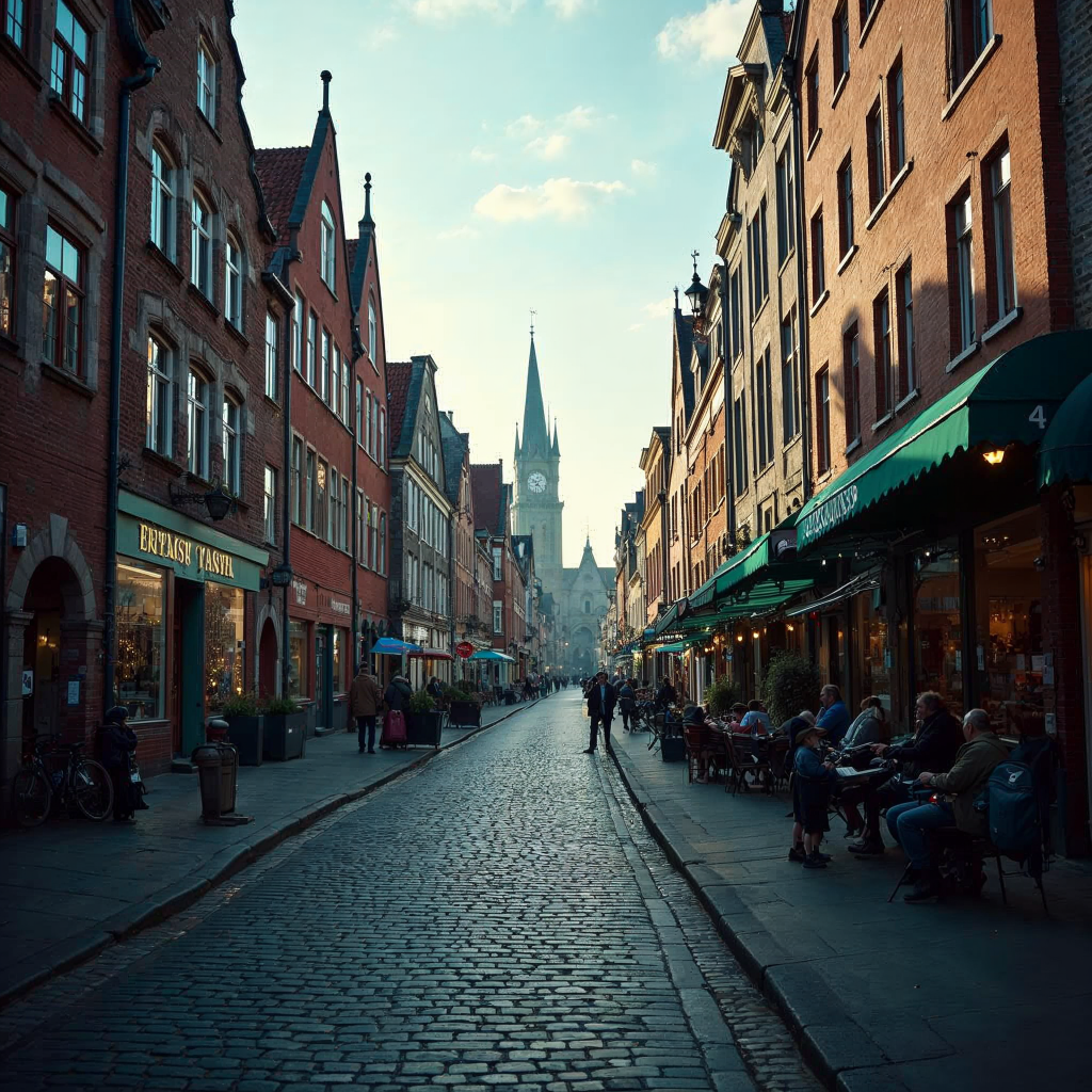 Ein kinoreifer Schuss der charmanten Straßen von Bremen, der den hanseatischen Flair und die erschwinglichen Wohnungsmöglichkeiten im Vergleich zu den Top-Metropolen im Jahr 2026 darstellt.